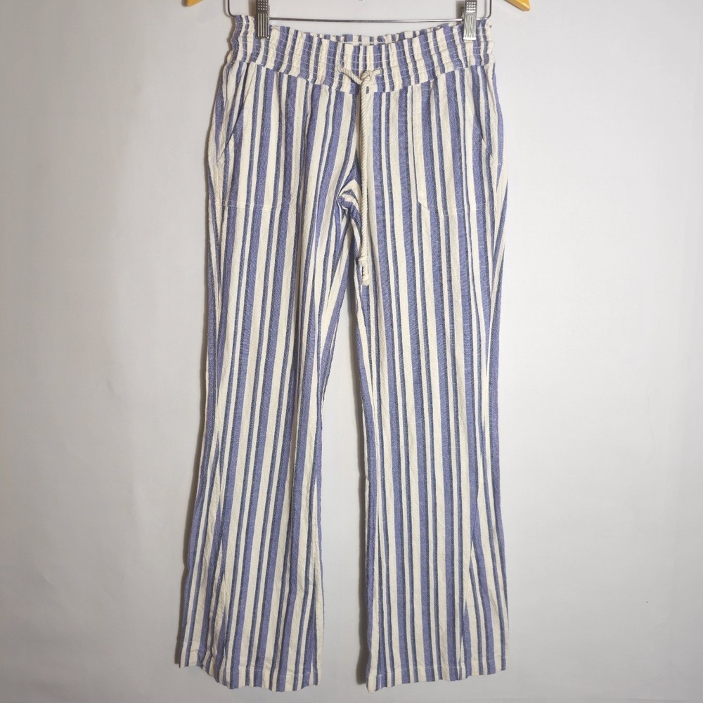 Roxy Oceanside Beach Pants Womens XS Blue White Striped Flared Leg Low Rise - Picture 2 of 12